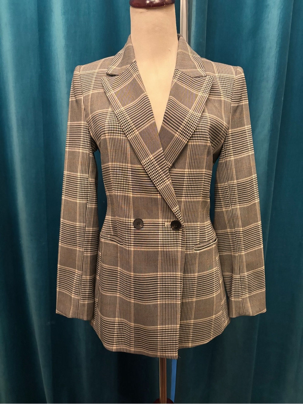 H&M Gray Plaid Double-Breasted Blazer